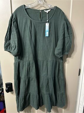 Elise & Zoey Hunter Green Tiered Gauze Midi Dress 💯 cotton